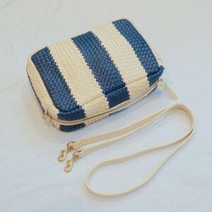 Clare V. Marisol Woven Leather Crossbody Bag – Indigo & Cream Racing Stripes